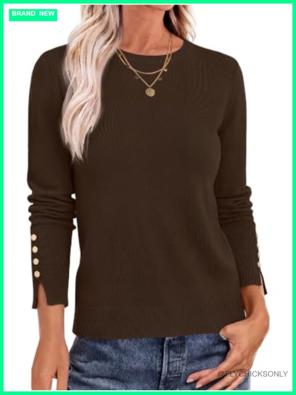 Lightweight Button Cuff Crewneck Pullover Sweater Casual Fall Winter Top